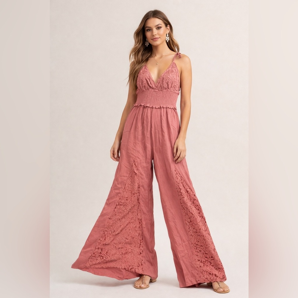 ✨Smocked Lace-Detail Wide-Leg Jumpsuit in Dusty Rose